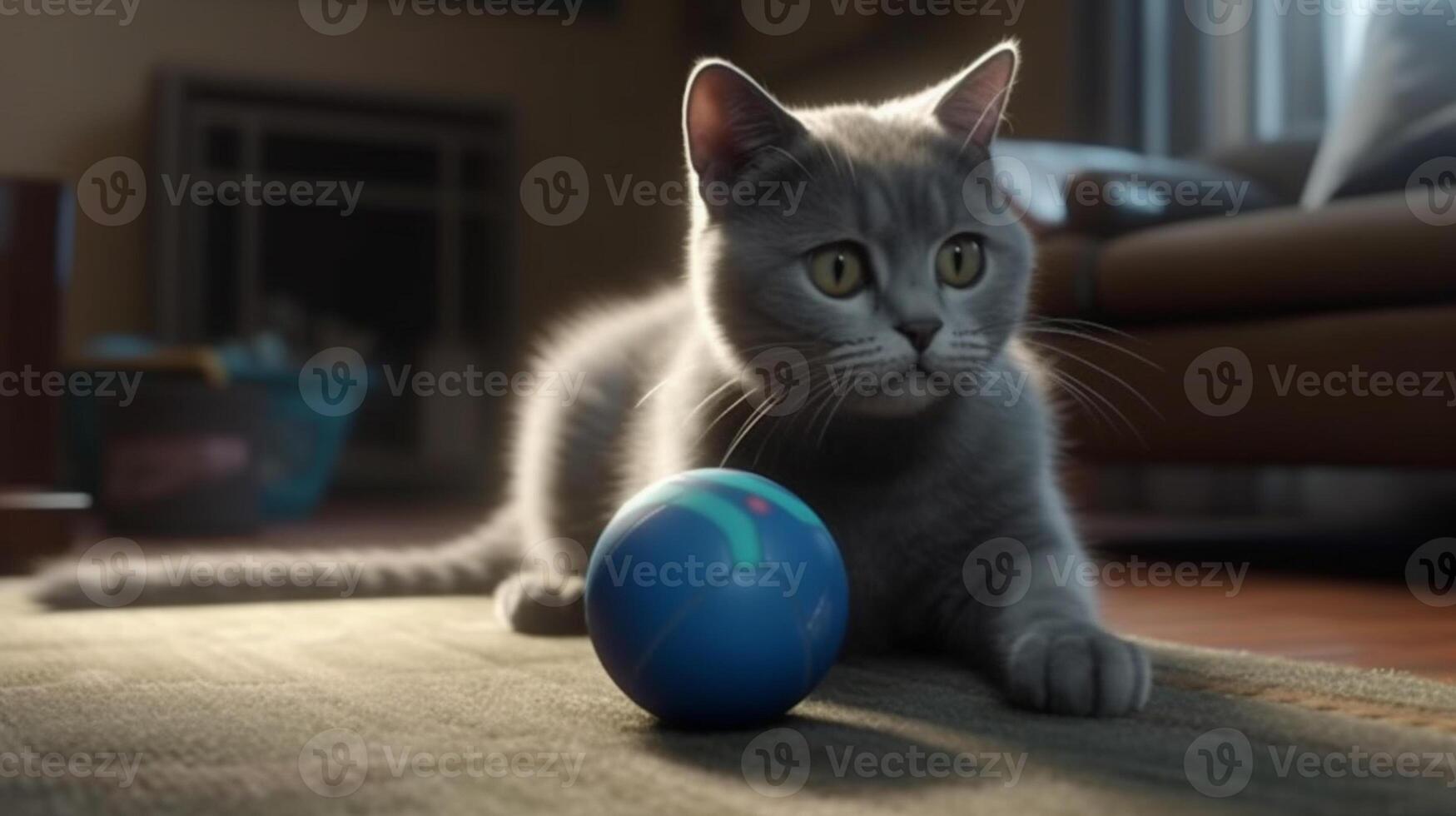 British kitten plays with blue ball on the carpet in the living room photo