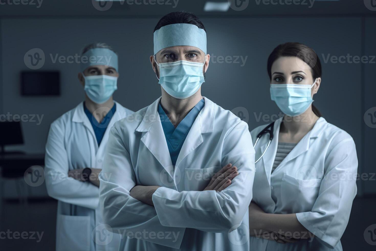 Portrait of confident medical team standing with arms crossed in modern hospital photo