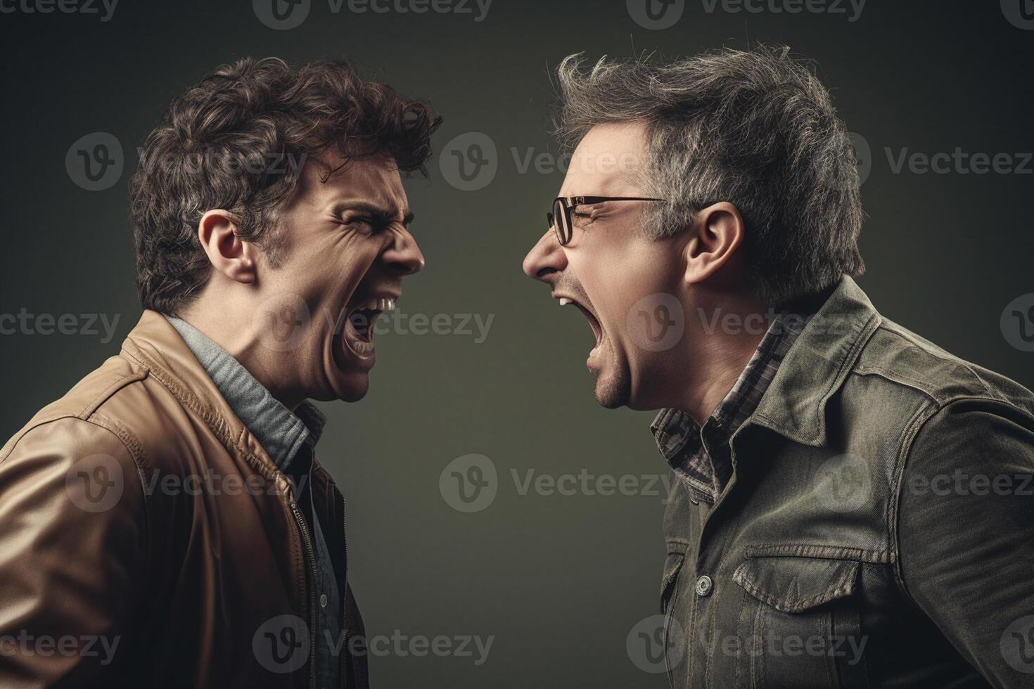 Two angry men shouting at each other on a dark background. Aggressive men photo