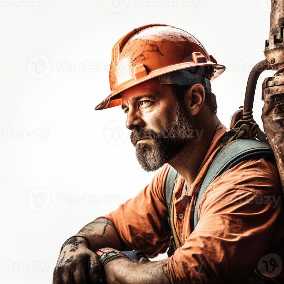 Portrait of a bearded worker wearing orange hardhat and safety goggles illustration photo