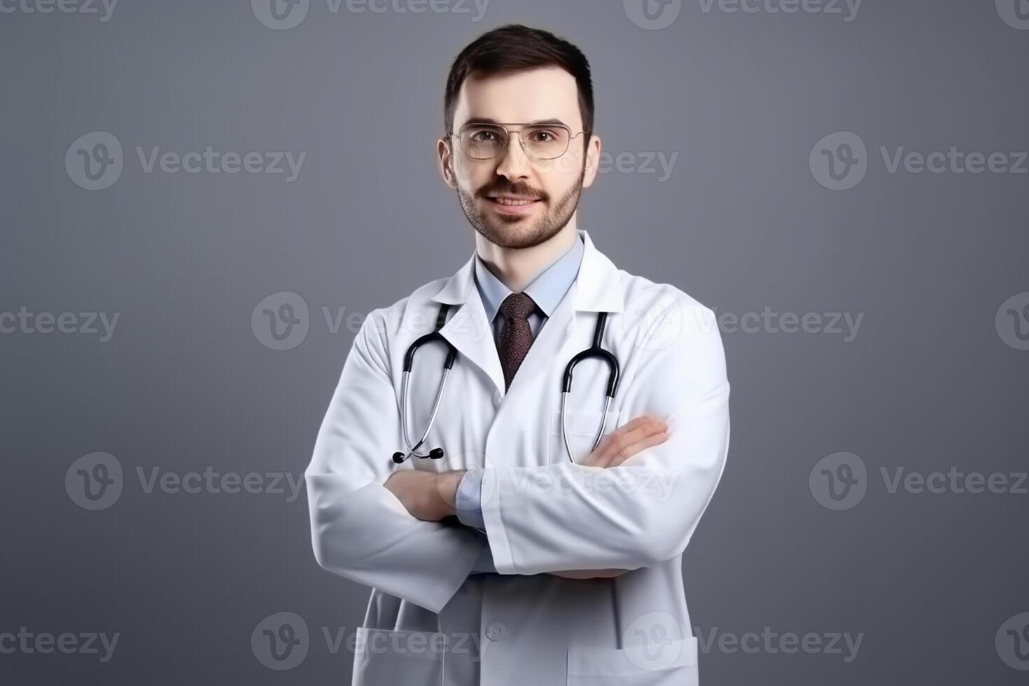 Portrait of confident male doctor in white coat and stethoscope standing with arms crossed and looking at camera photo