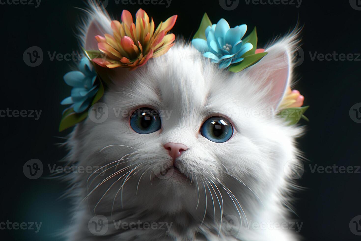 Cute white cat with blue eyes and flower wreath on his head dark background 3d illustration photo