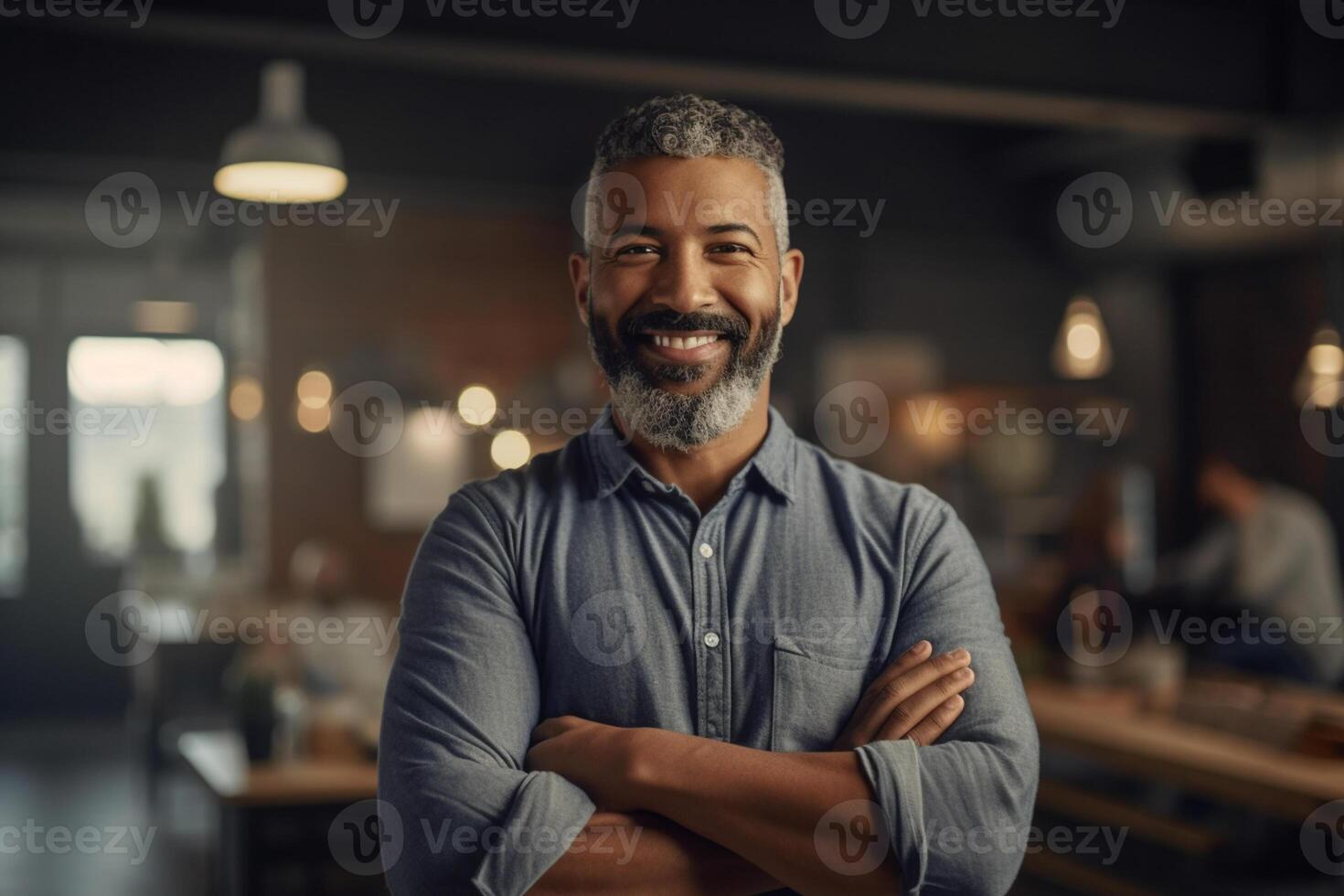 ai generativo retrato de hermoso barbado hombre con cruzado brazos en pie en cafetería. foto