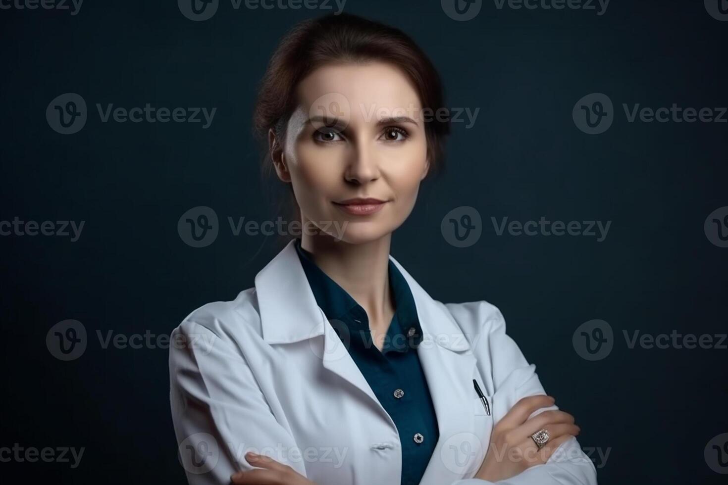 Portrait of young female doctor in white coat on dark background. photo