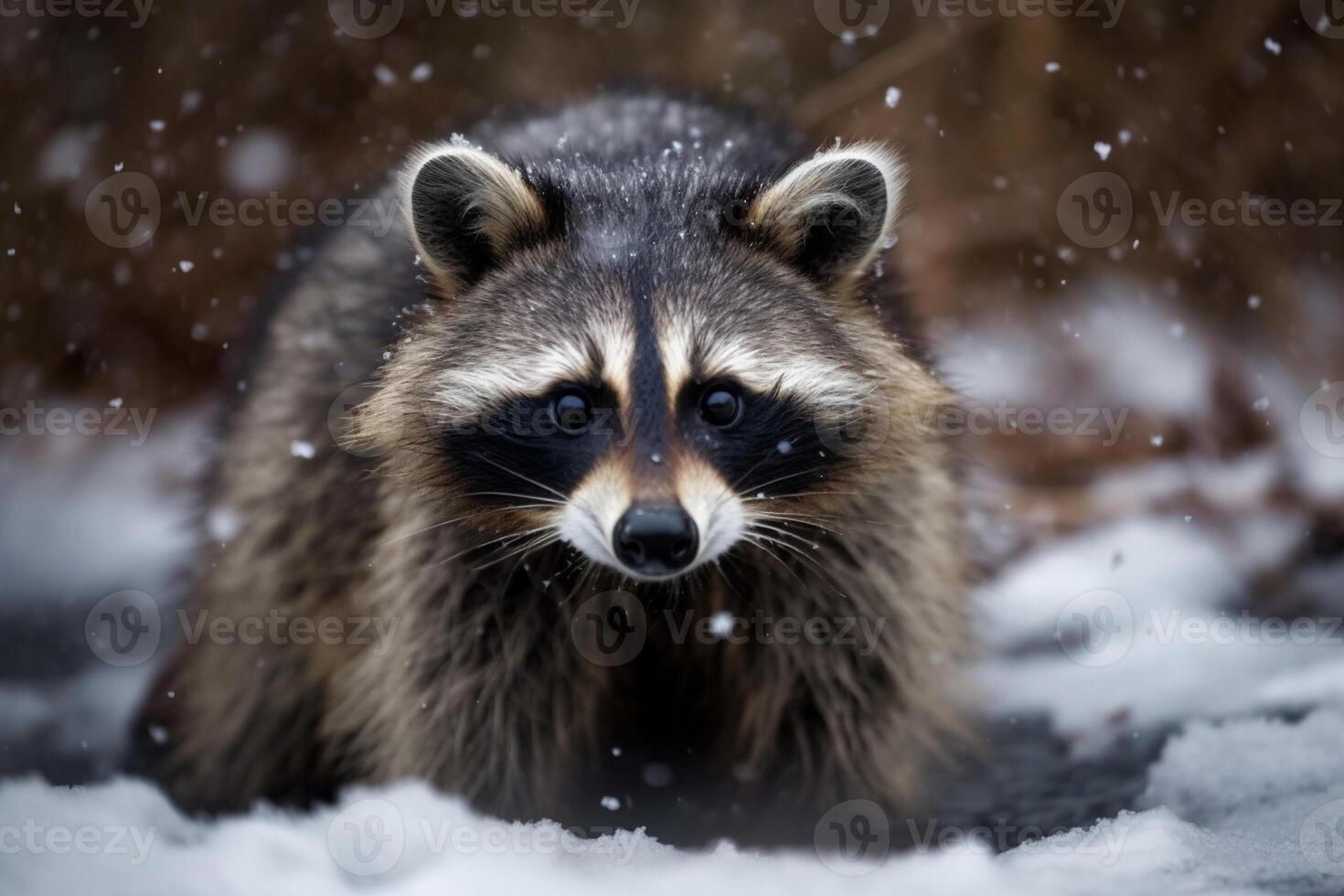 Portrait of a raccoon in the winter forest. Animal in the snow photo