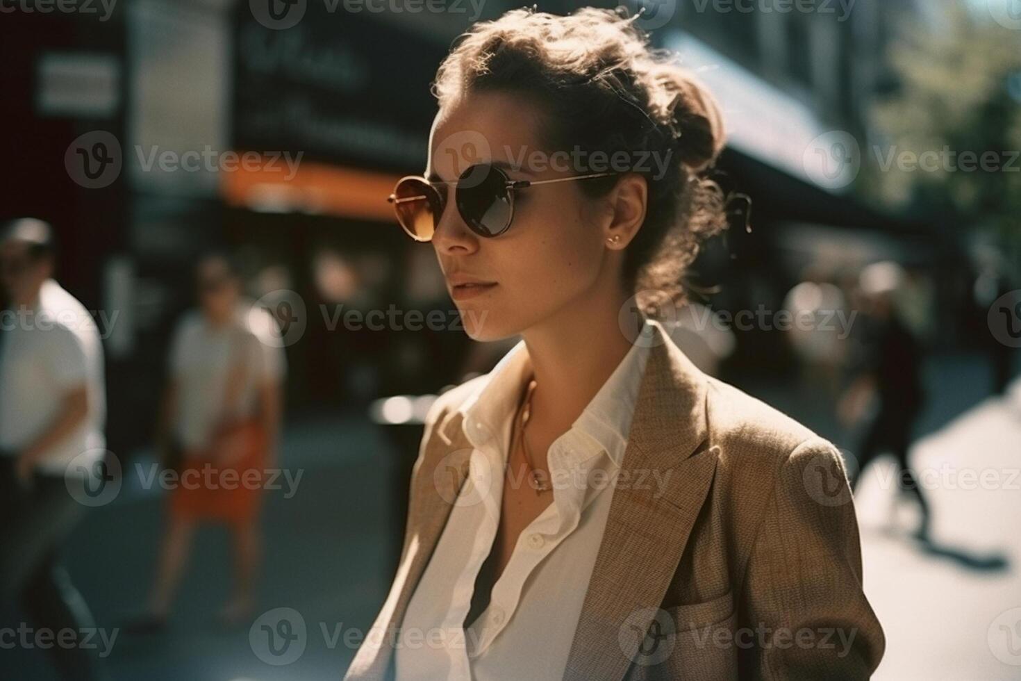 ai generativo hermosa joven mujer en Gafas de sol y Saco mirando lejos mientras caminando en calle foto