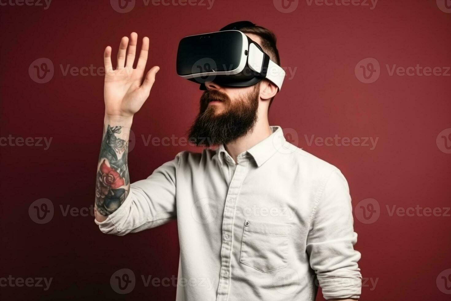Ai generative Young man wearing a VR headset gesturing with hand on solid background, experiencing virtual reality technology concept photo