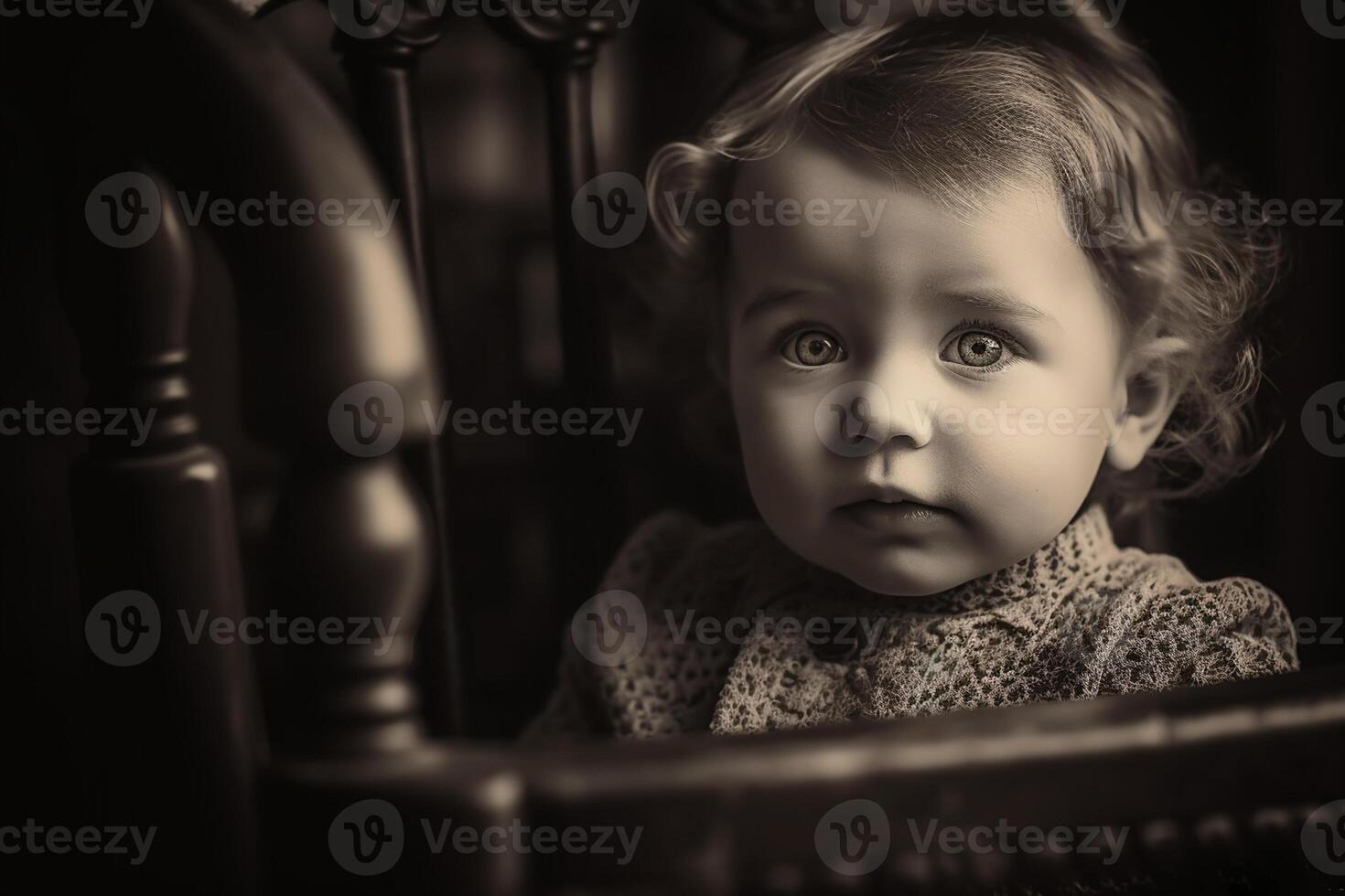 ai generativo retrato de un pequeño niña sentado en un silla en un oscuro habitación foto