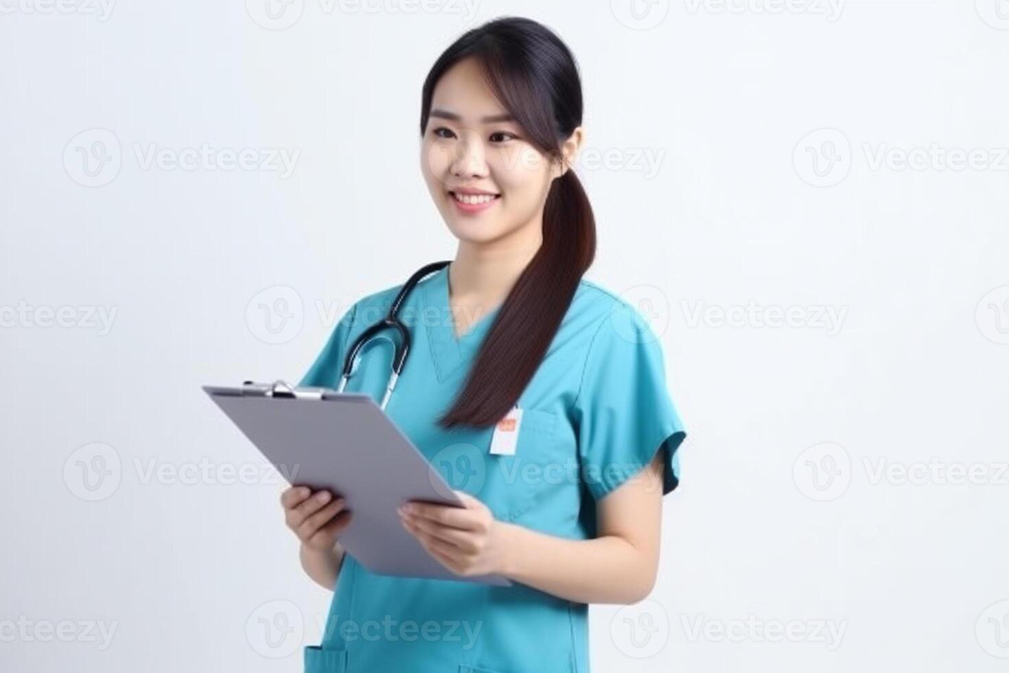 Portrait of a smiling female nurse with stethoscope and clipboard photo