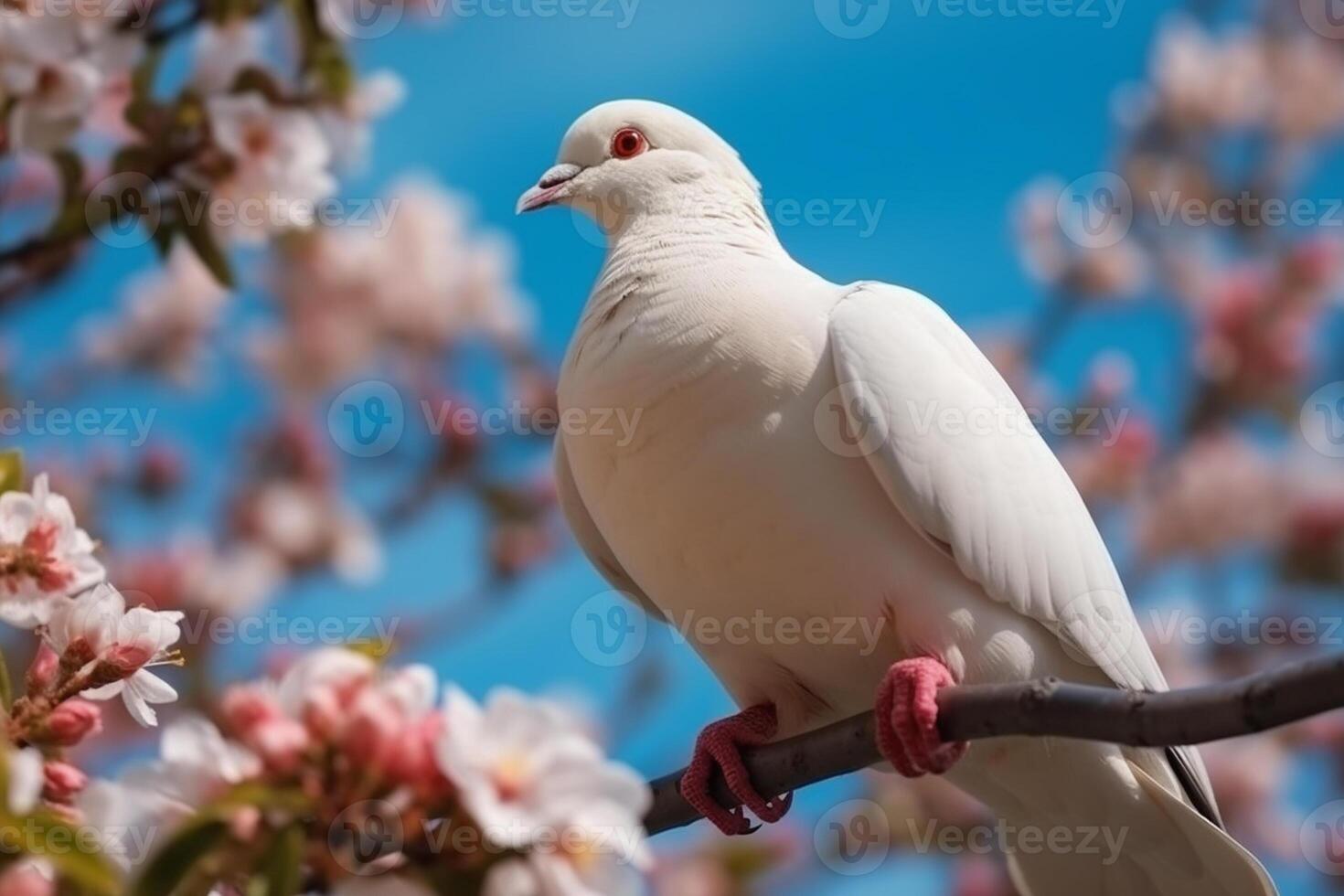 White pigeon on a branch of a blossoming tree with pink flowers photo