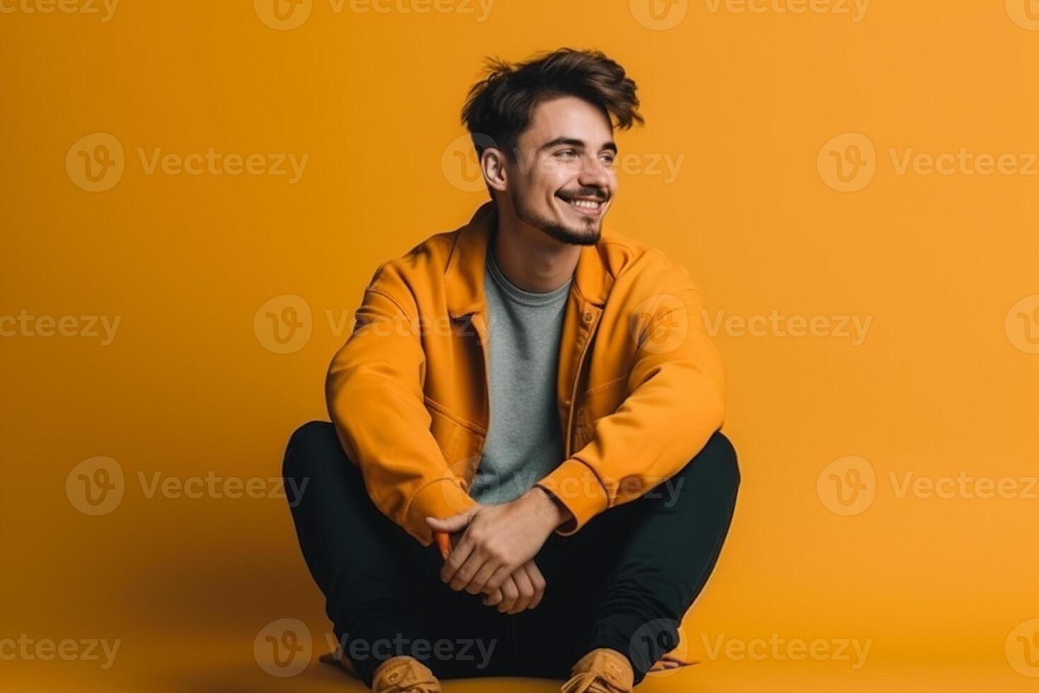 Portrait of a happy young man sitting on the floor over solid background photo