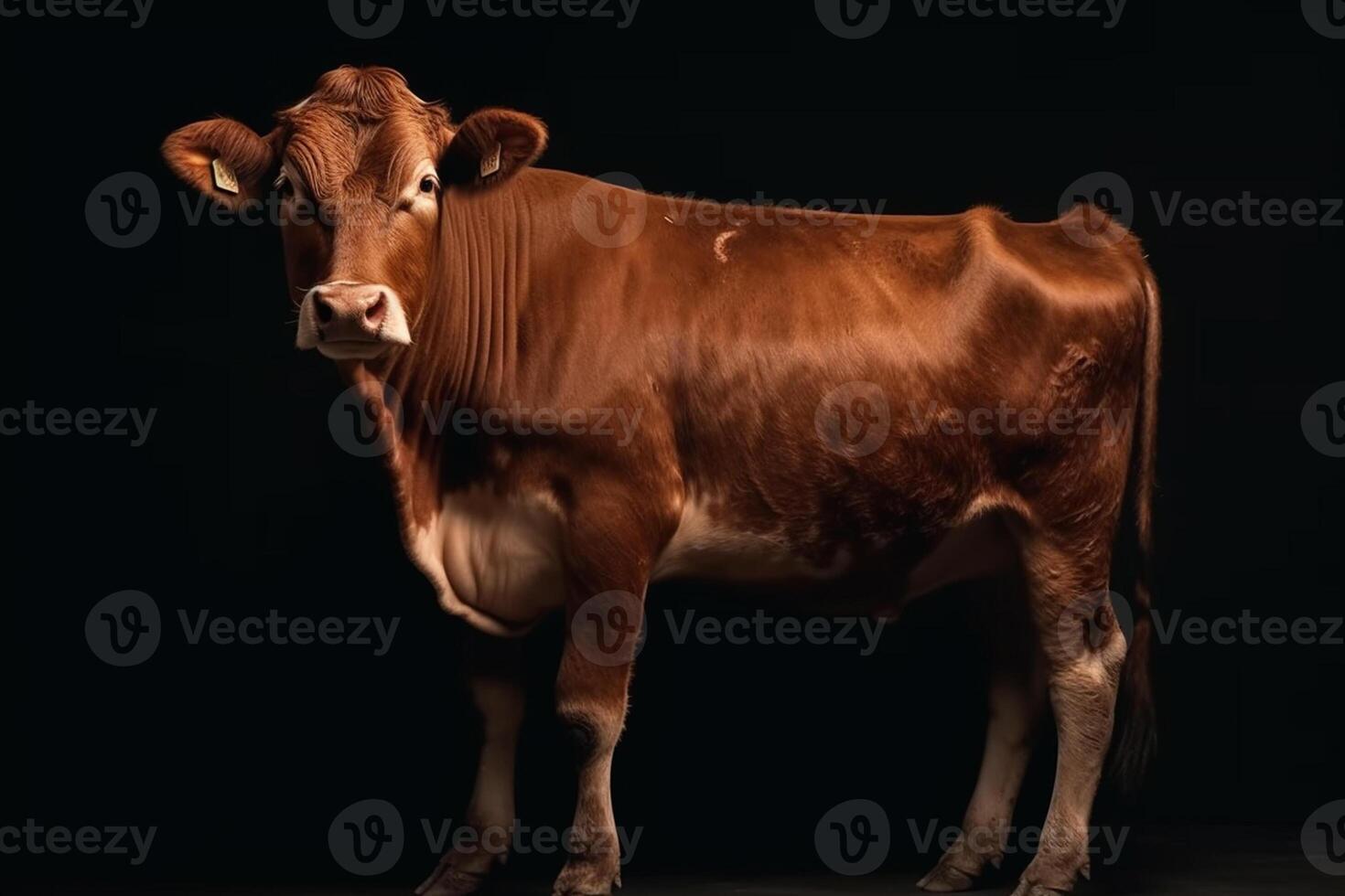 Brown Cow Isolated on Black Background, front view, studio shot photo