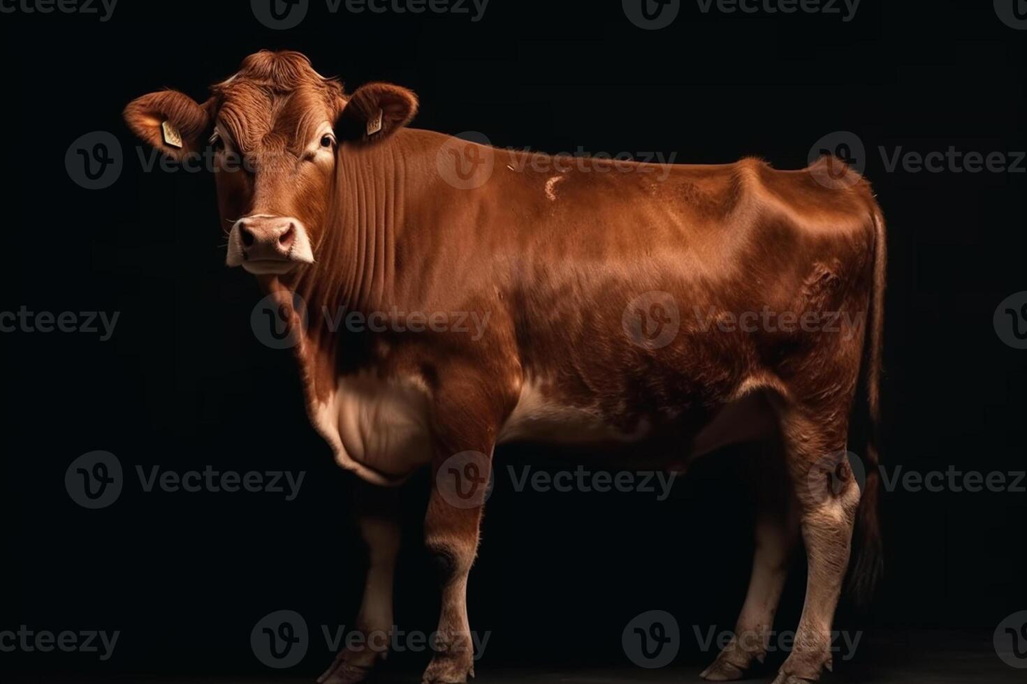 Ai generative Brown Cow Isolated on Black Background, front view, studio shot photo