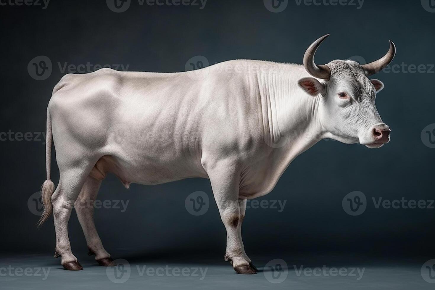 ai generativo blanco vaca con largo cuernos en un oscuro fondo, estudio Disparo foto