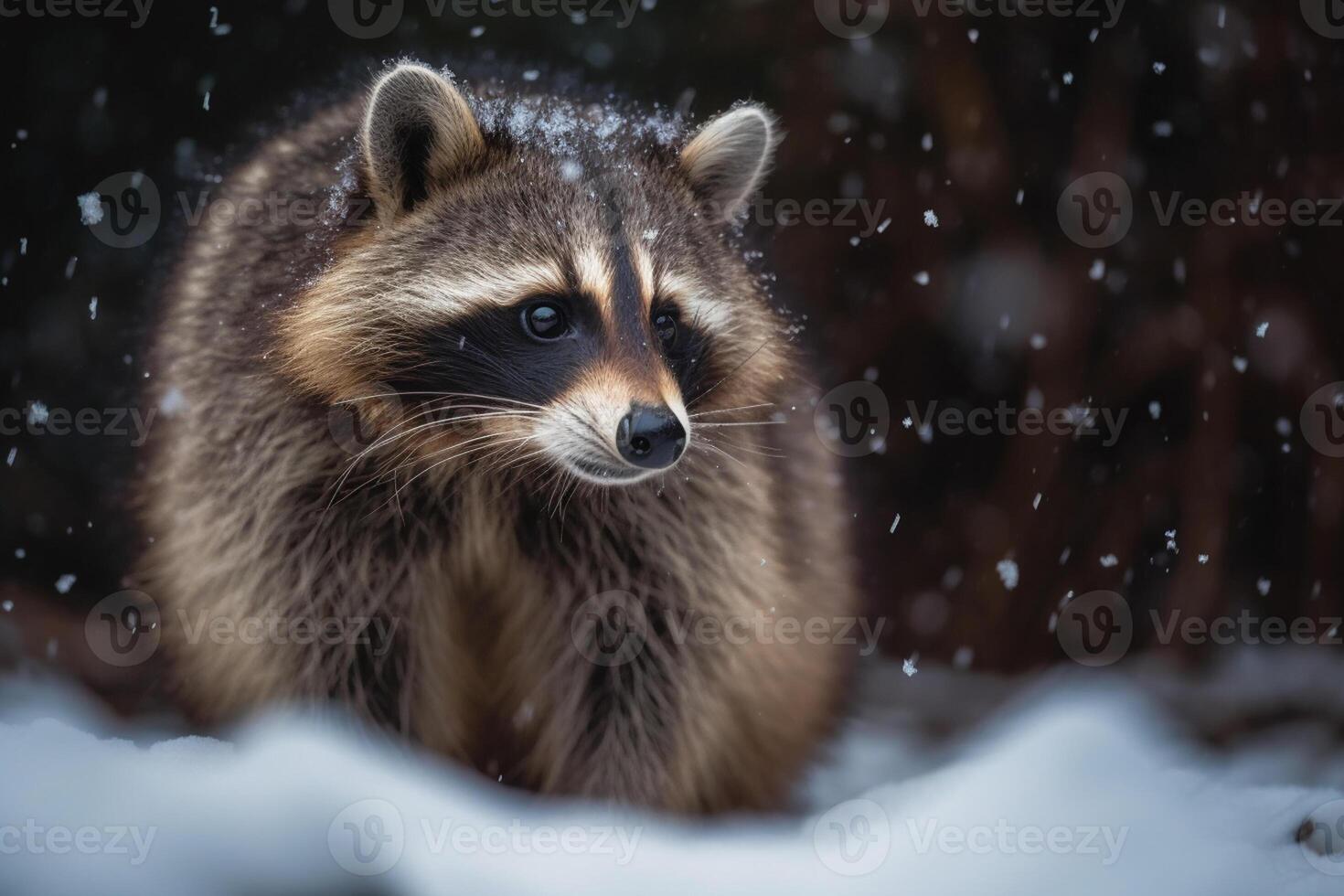Portrait of a raccoon in the winter forest. Animal in the snow photo