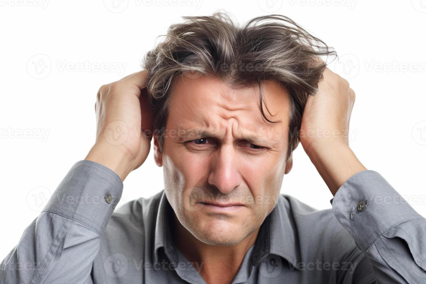 Frustrated young man with a headache isolated on a white background photo