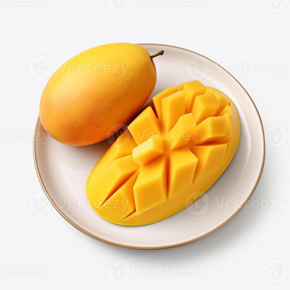 jugoso delicioso mango mentiras en hermosa lámina, ai generado foto