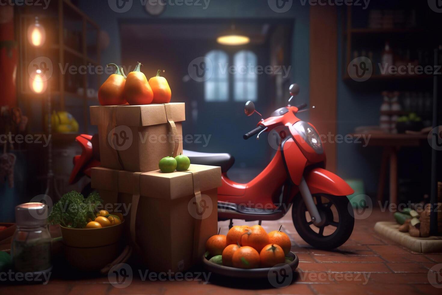 Delivery of tasty and healthy food on bright background, Ai generated photo