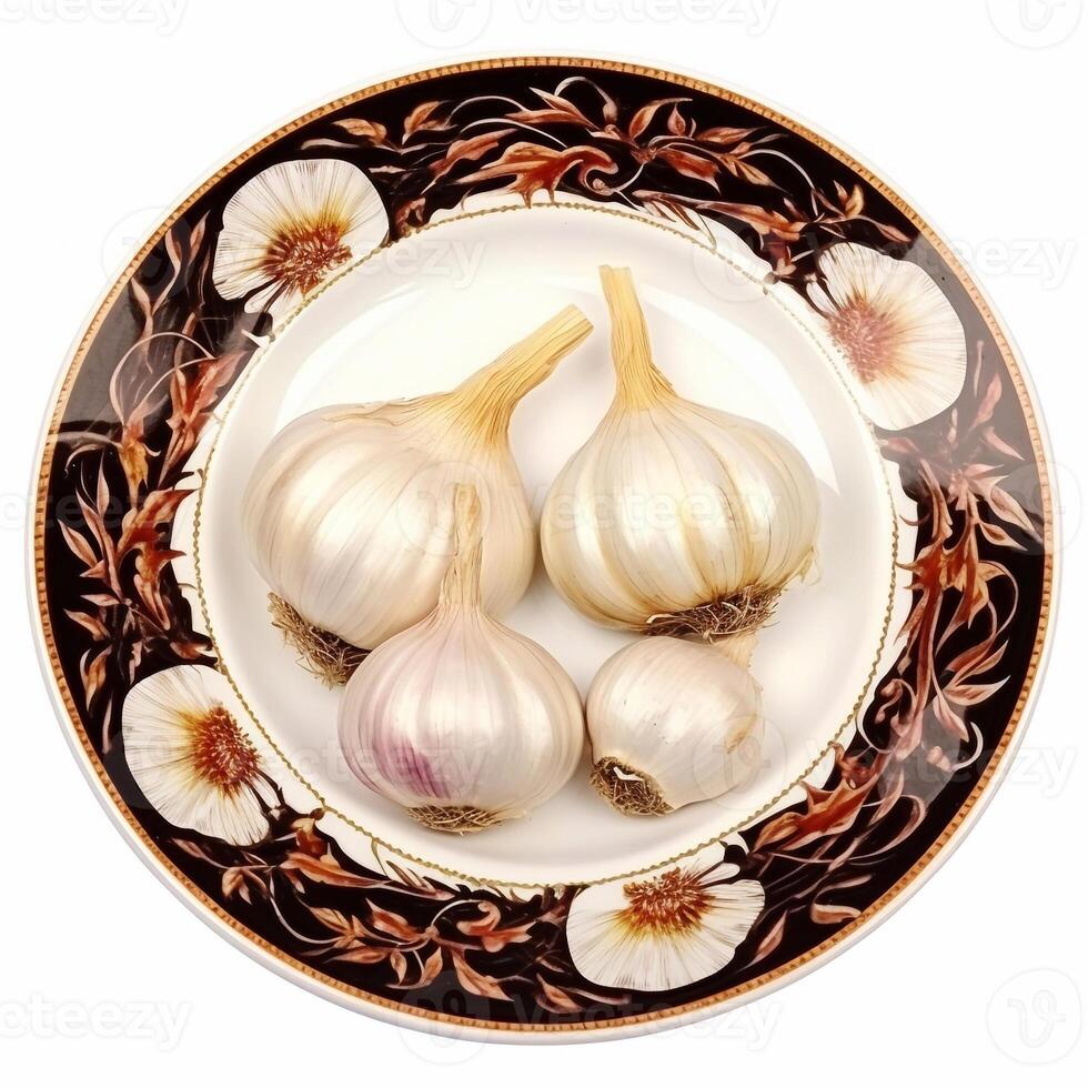 Juicy delicious garlic lies on beautiful plate, Ai generated photo