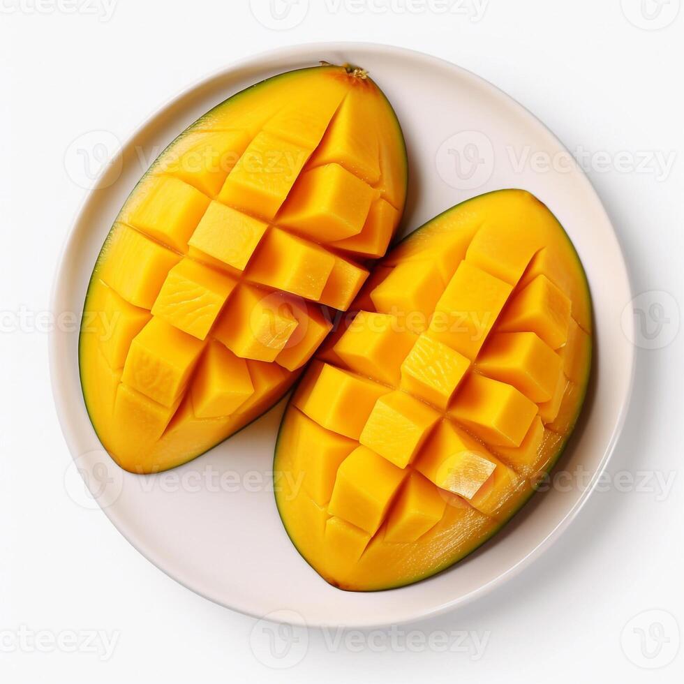 jugoso delicioso mango mentiras en hermosa lámina, ai generado foto