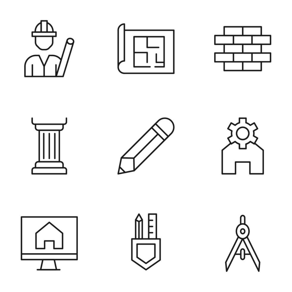 Collection of vector isolated signs drawn in line style. Editable stroke. Icons of builder, floor plan, brick wall, column, pen, gear over house, computer, liner, pencil, compass