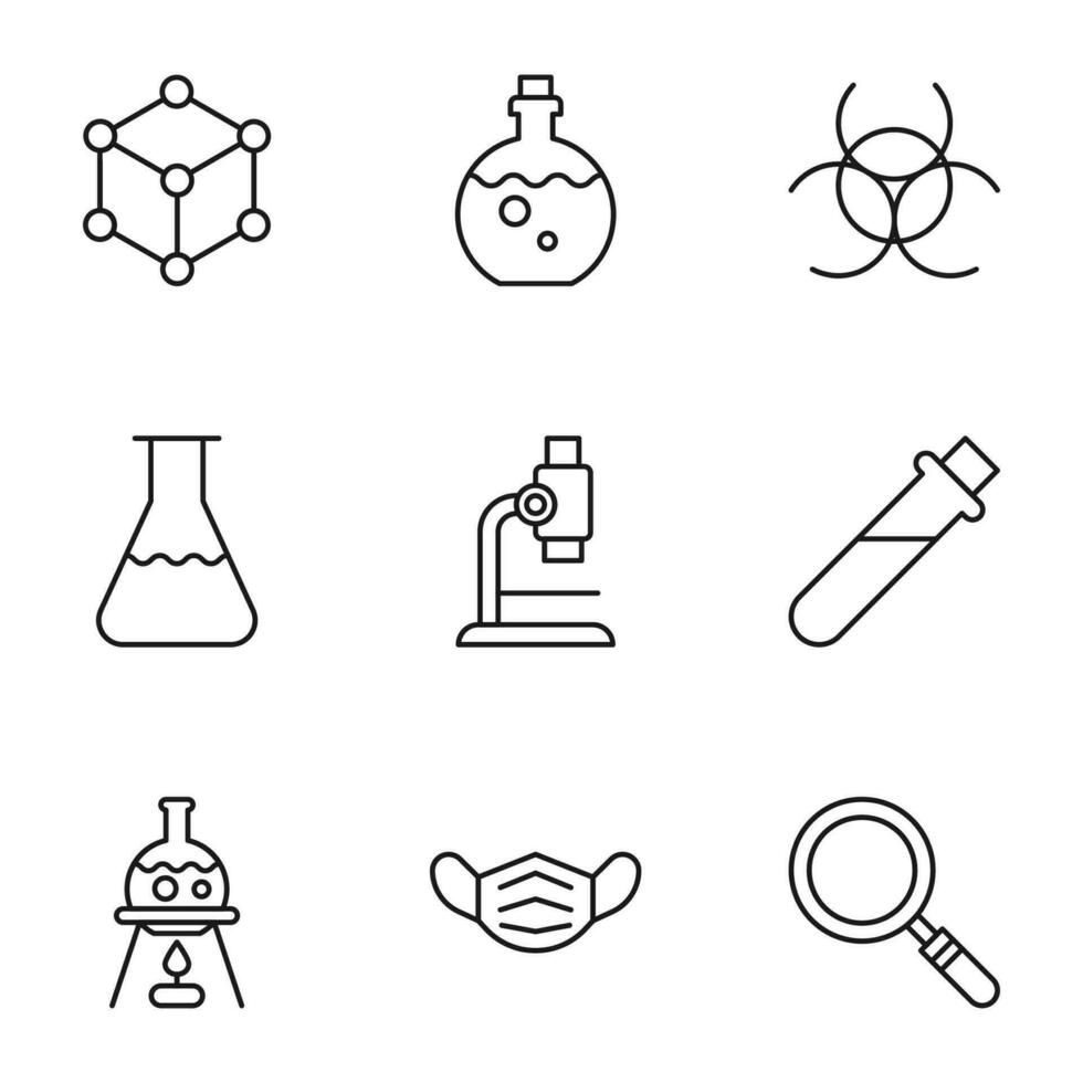 Collection of vector isolated signs drawn in line style. Editable stroke. Icons of chemical compound, lab bulb, hazard, microscope, mask, magnifying glass