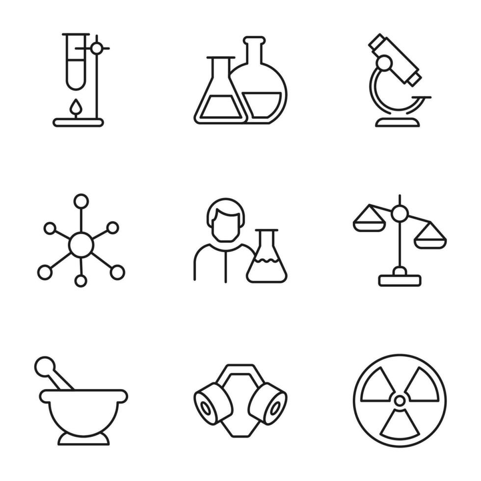 Collection of vector isolated signs drawn in line style. Editable stroke. Icons of laboratory experiment, bulbs, microscope, chemical compound, chemist, scales, mortar and pestle