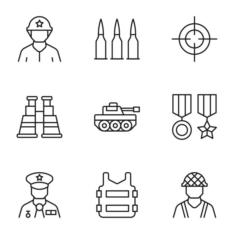 Collection of vector isolated signs drawn in line style. Editable stroke. Icons of soldier, military sleeve, sniper target, tank, body armor, awards