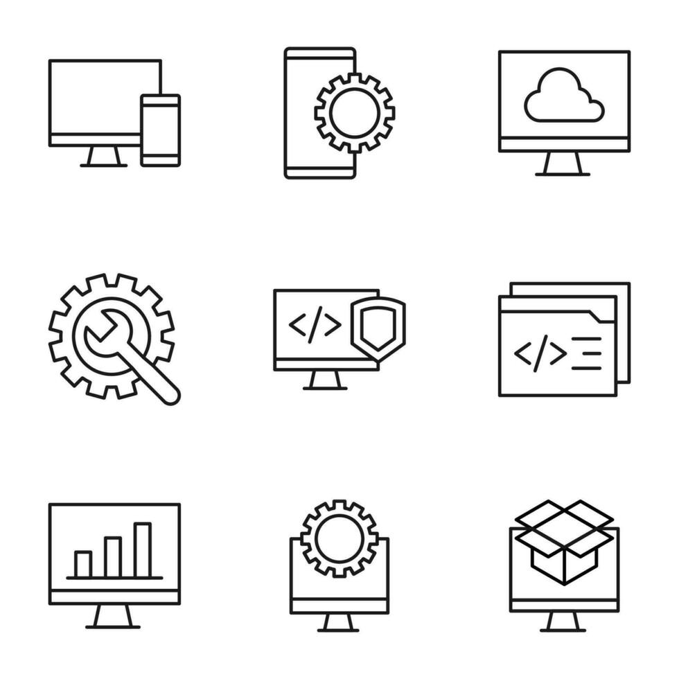 colección de vector aislado señales dibujado en línea estilo. editable ataque. íconos de computadora, teléfono inteligente, engranaje, nube almacenar, codificación, programación, en línea compras