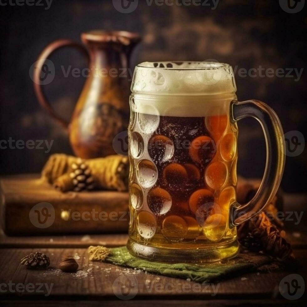 Foamy beer in large glass mug stands in local bar on Oktoberfest, Ai generated photo