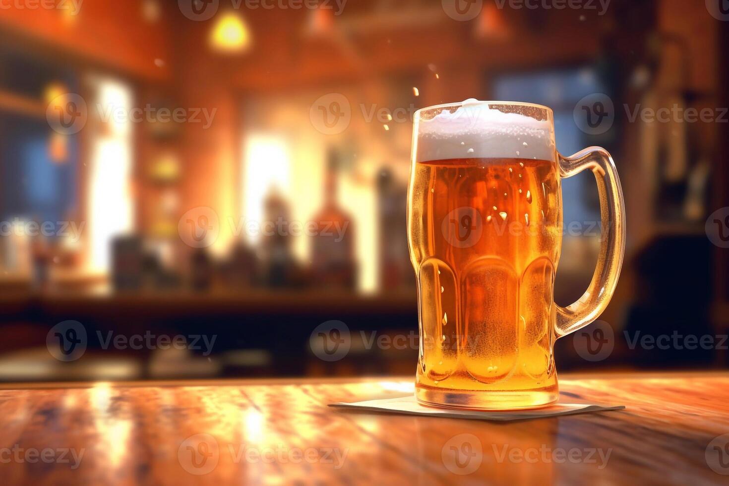 Foamy beer in large glass mug stands in local bar on Oktoberfest, photo