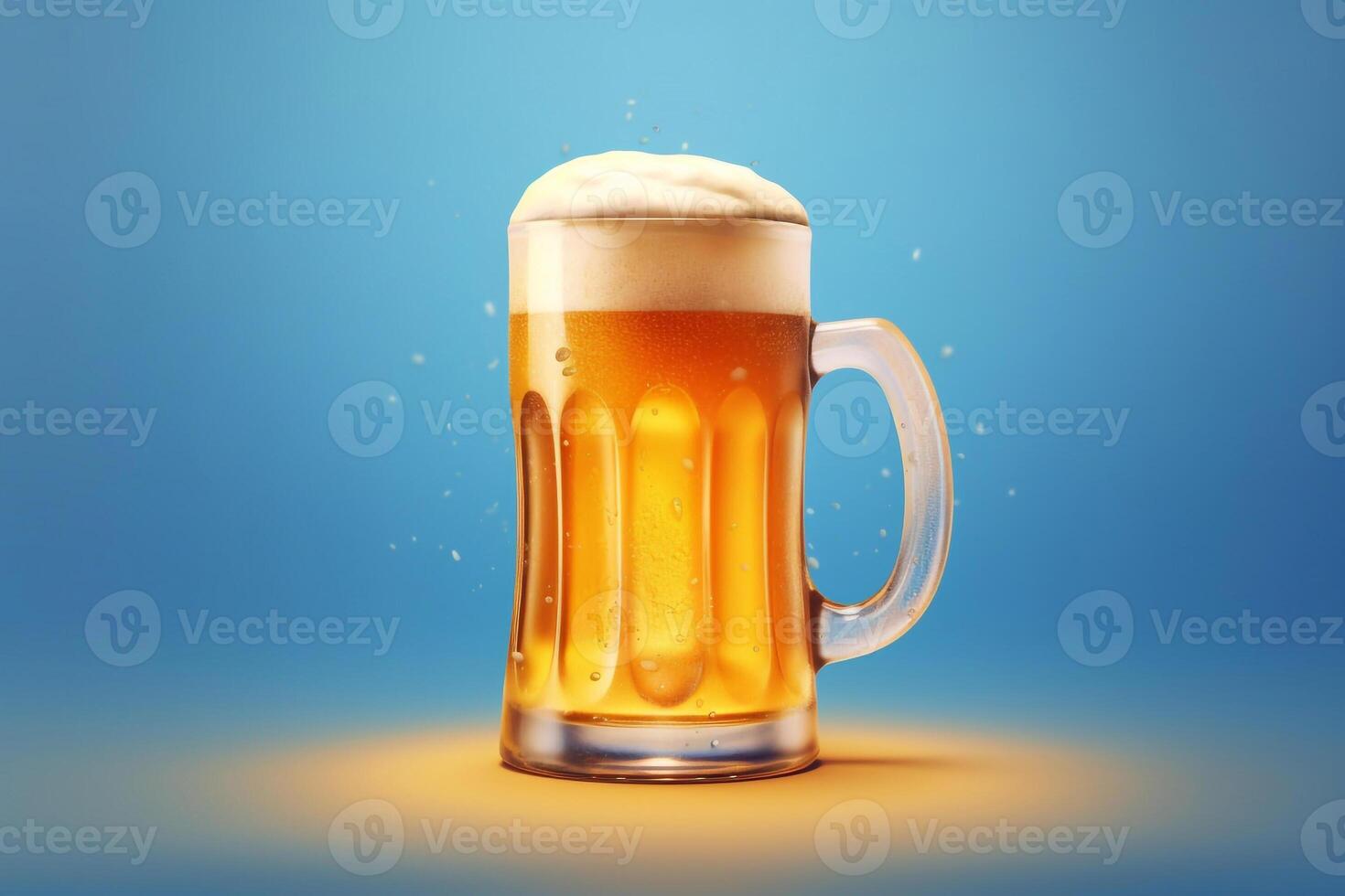 Foamy beer in large glass mug stands in local bar on Oktoberfest, photo