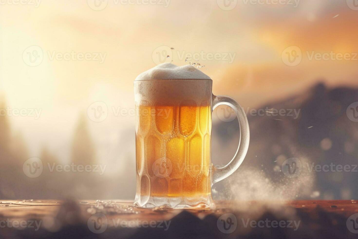 Foamy beer in large glass mug stands in local bar on Oktoberfest, Ai generated photo