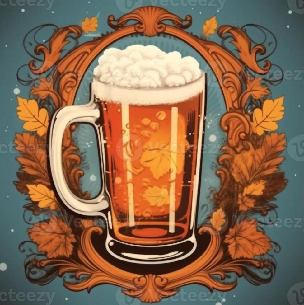 Foamy beer in large glass mug stands in local bar on Oktoberfest, Ai generated photo