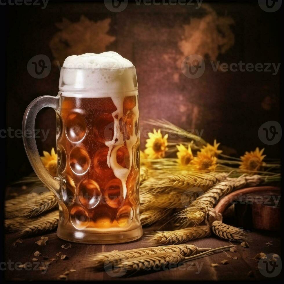 espumoso cerveza en grande vaso jarra soportes en local bar en oktoberfest, ai generado foto