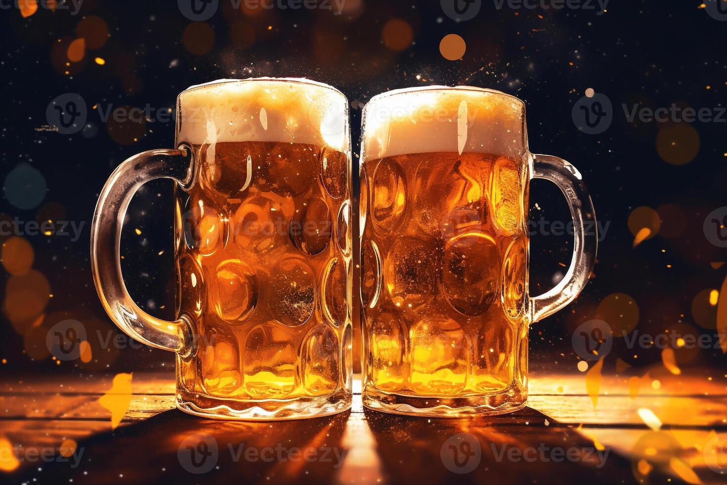 Foamy beer in large glass mug stands in local bar on Oktoberfest, photo