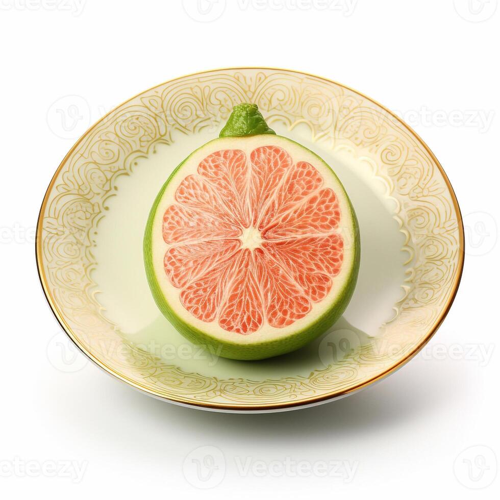 Juicy delicious pomelo lies on beautiful plate, Ai generated photo