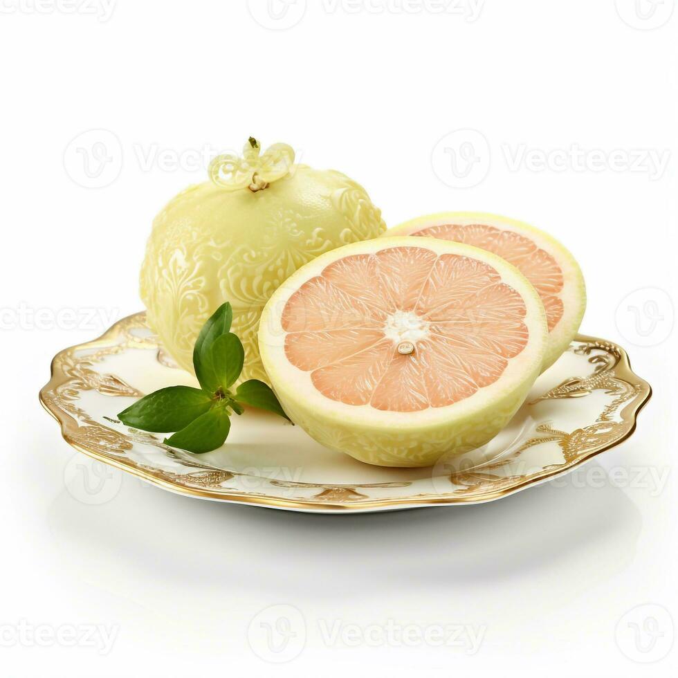 Juicy delicious pomelo lies on beautiful plate, Ai generated photo