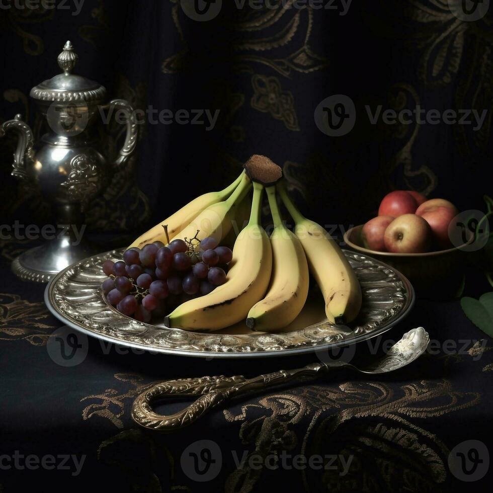 Juicy delicious banana lies on a beautiful plate, Ai generated photo