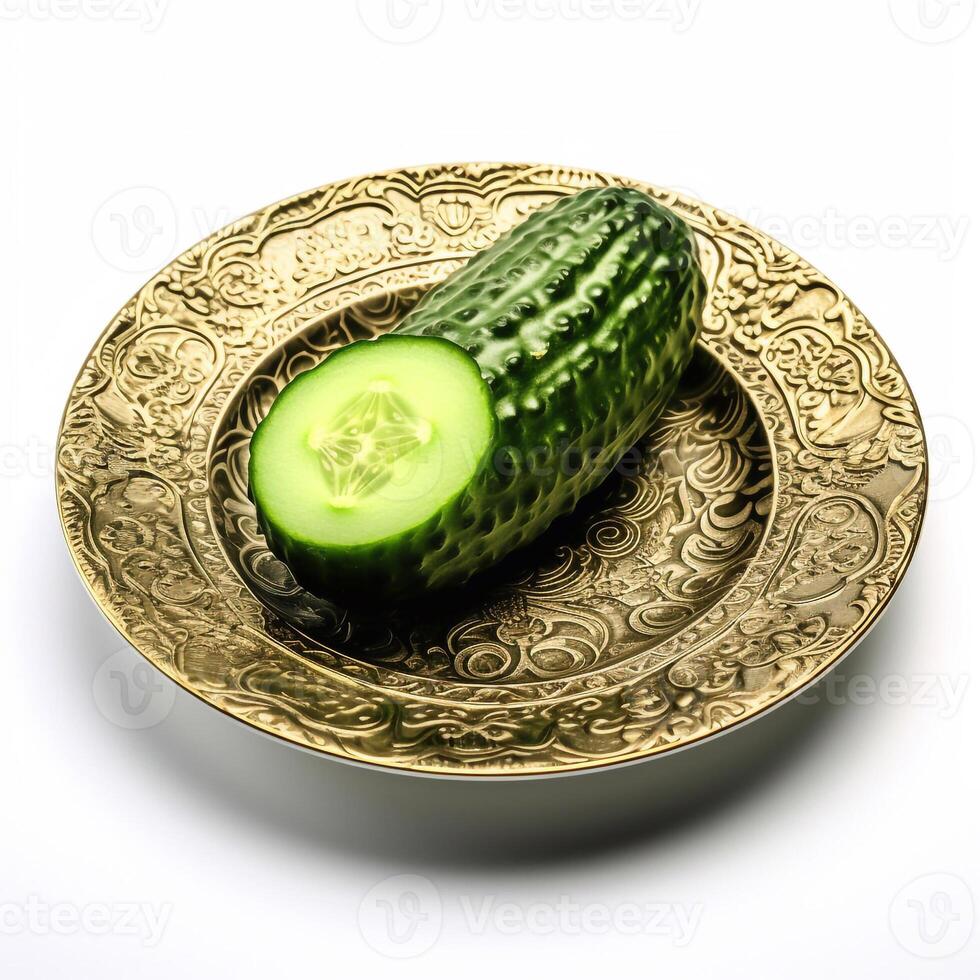 Juicy delicious cucumber lies on beautiful plate, Ai generated photo