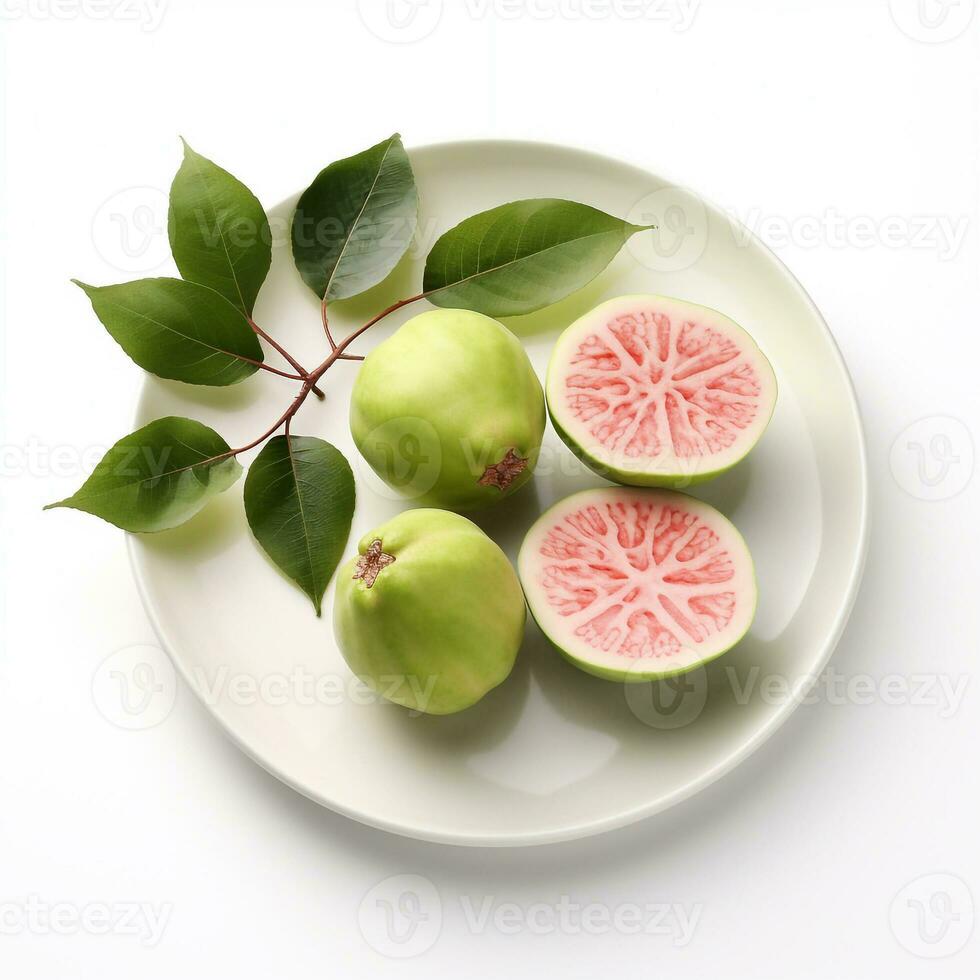 Juicy delicious guava lies on beautiful plate, Ai generated photo