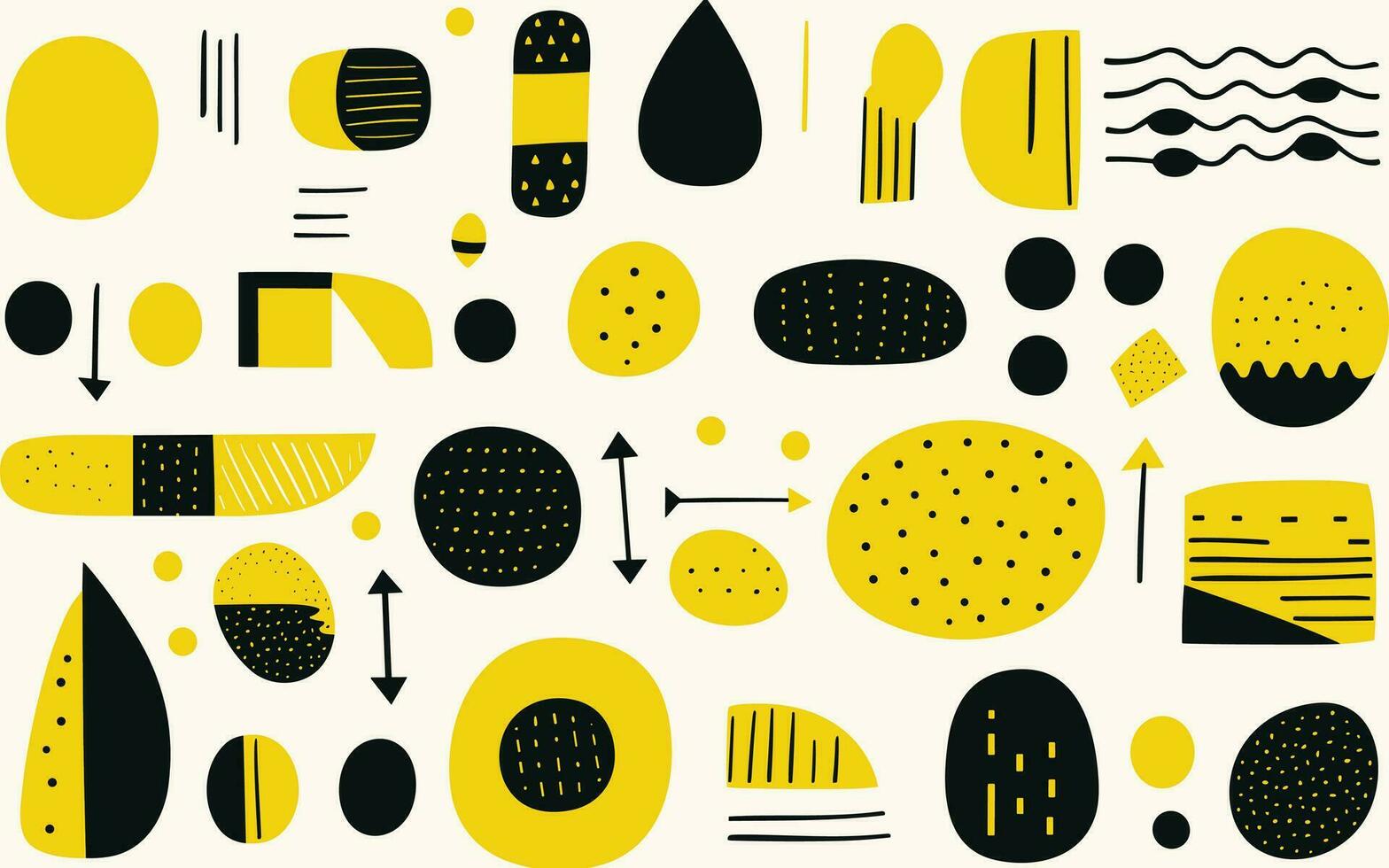 set of modern flat geometric shapes in yellow, in the style of stripes and shapes, bold black outlines, geometric shapes  patterns, white background, geometric vector