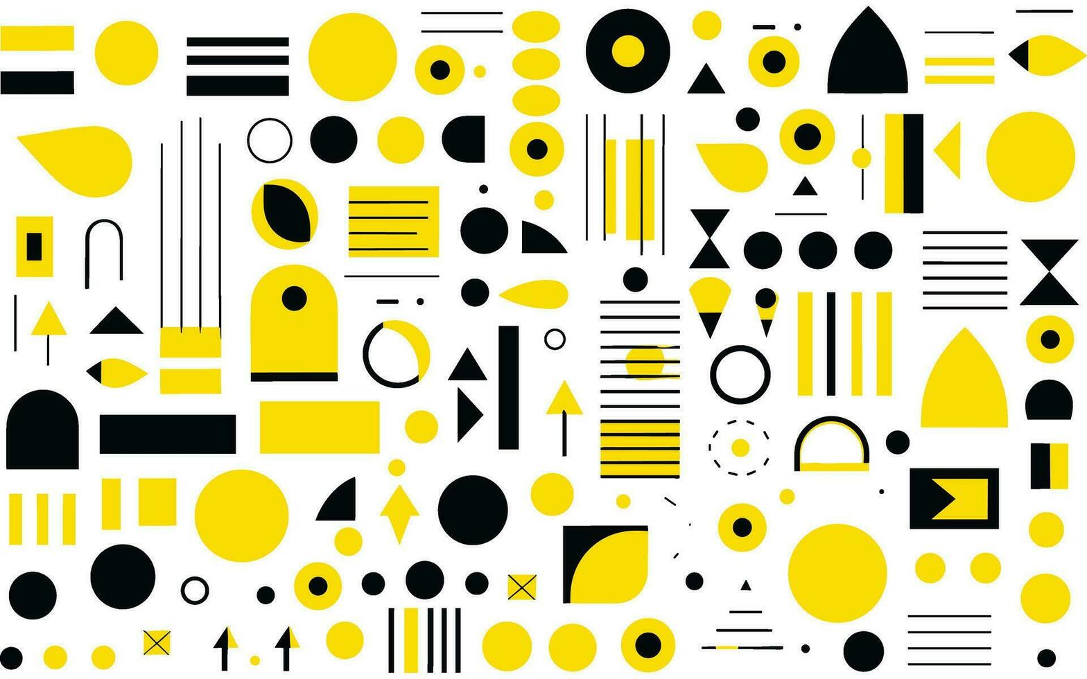 set of modern flat geometric shapes in yellow, in the style of stripes and shapes, bold black outlines, geometric shapes  patterns, white background, geometric vector
