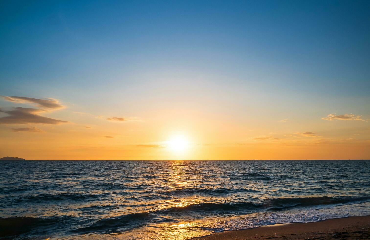 Panorama viewpoint landscape travel summer sea wind wave cool on holiday calm coastal big sun set sky light orange golden Nature tropical Beautiful evening hourday At Bang san Beach Chonburi Thailand. photo