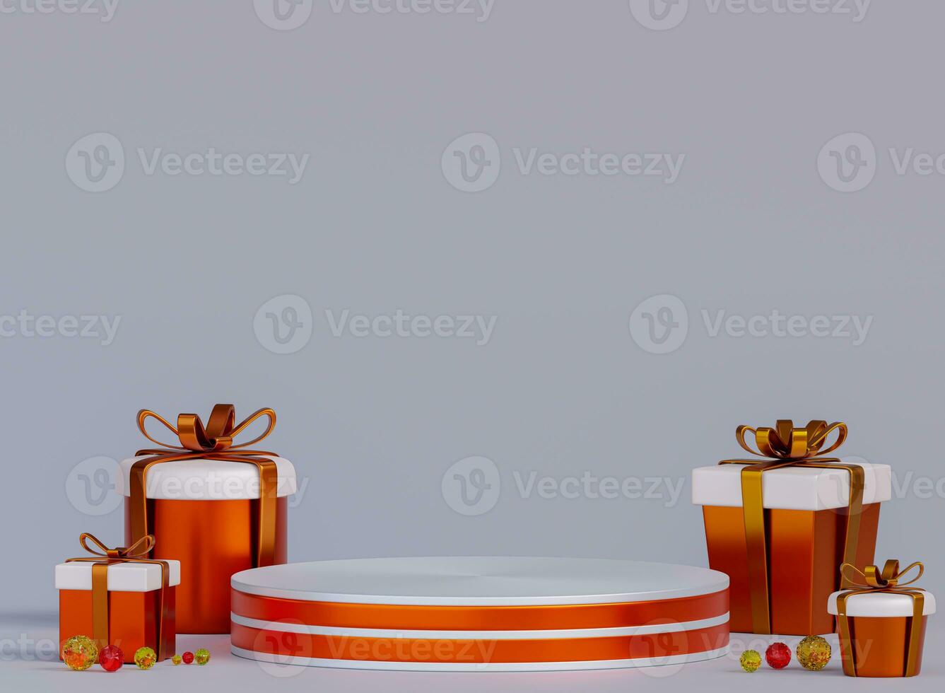 3d rendering orange podium with gift box ,display for cosmetic .Empty showcase for product presentation. photo