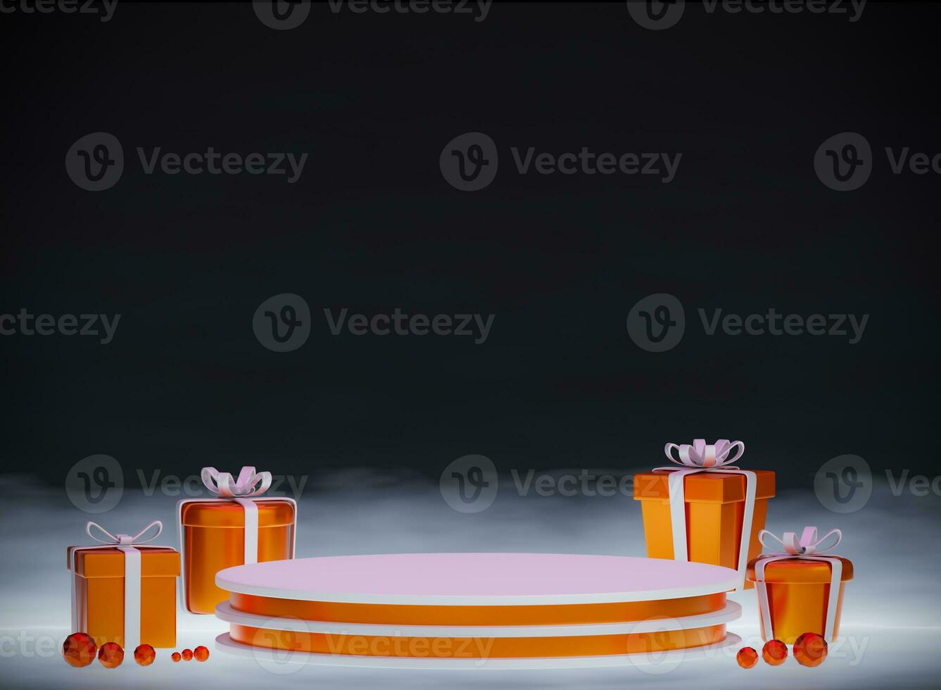 3d rendering orange podium with gift box ,display for cosmetic .Empty showcase for product presentation. photo