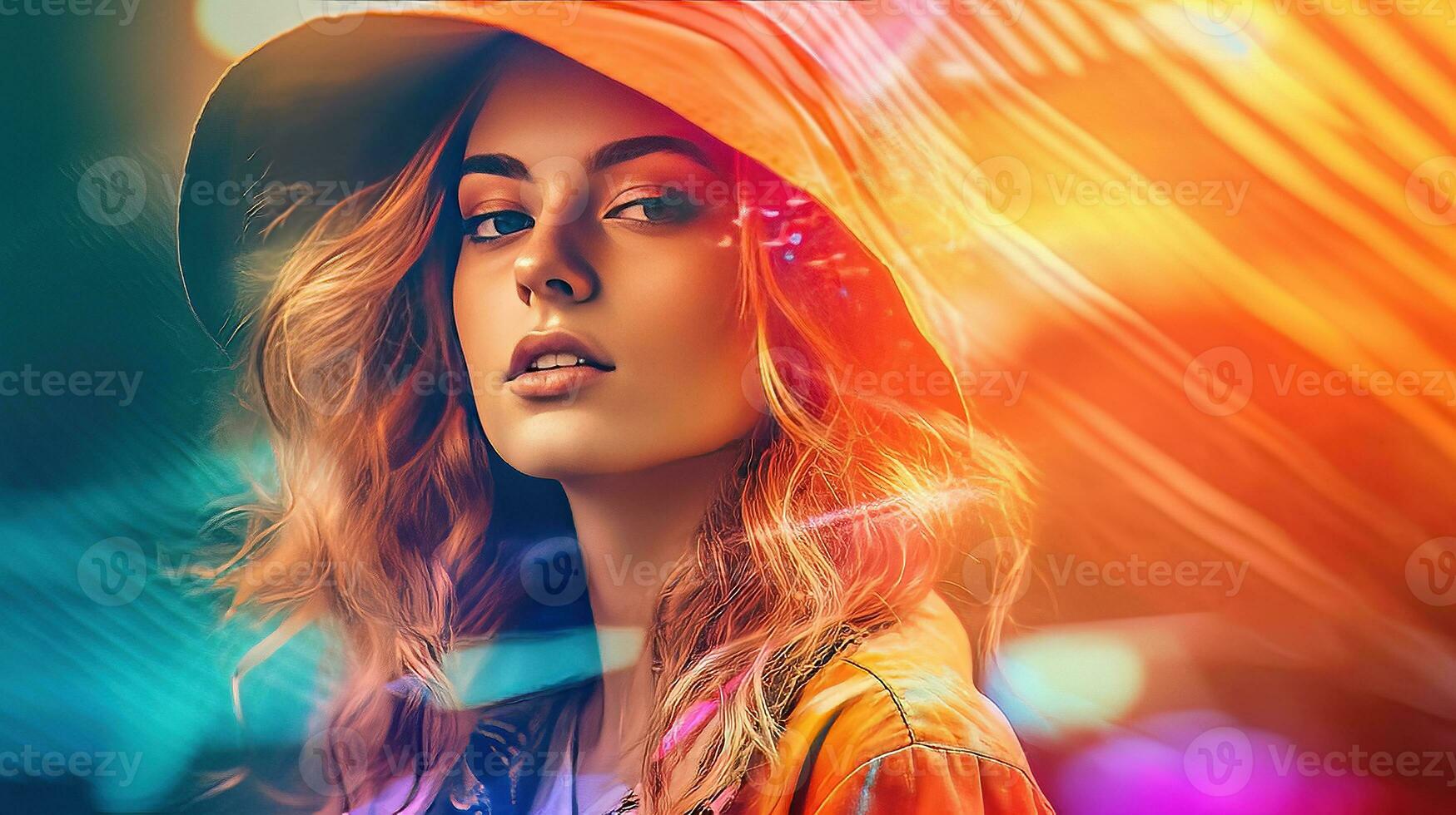 Whimsy Colorful Captivating and Warmth A Beautiful Woman with Blonde Haire with Light Leak Effects AI Generated photo