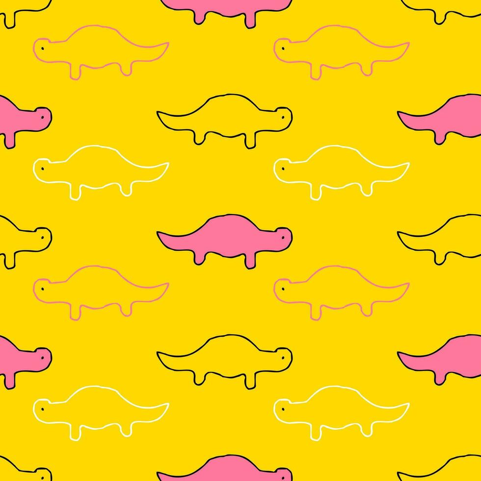 Hand drawn seamless pattern with doodle contour brachiosaurus dinosaurs. Minimalism print for tee, paper, textile and fabric. vector