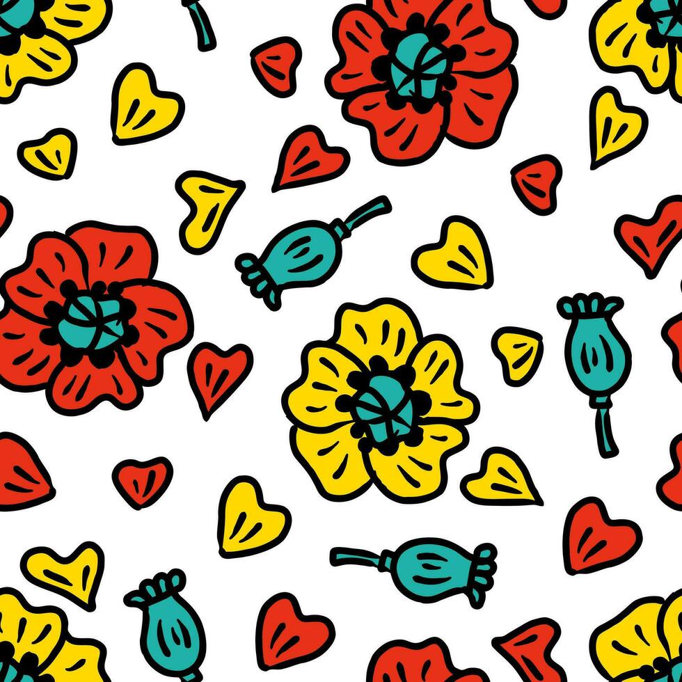 verano sin costura modelo con amapolas, amapola cajas y pétalos Perfecto impresión para tee, papel, textil y tela. vector