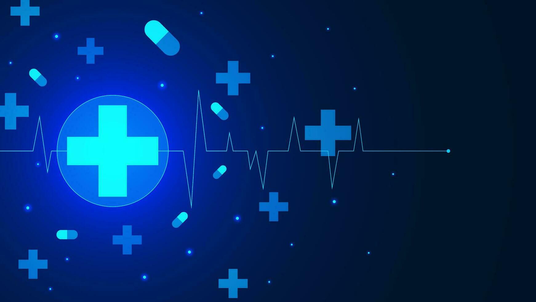 Abstract medical global network concept with cross and heart pulse on dark blue background. Vector illustration.